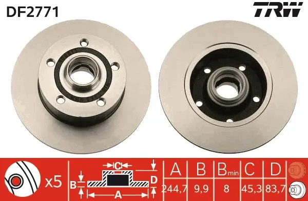 Disco de freno trasero DF2771 TRW
