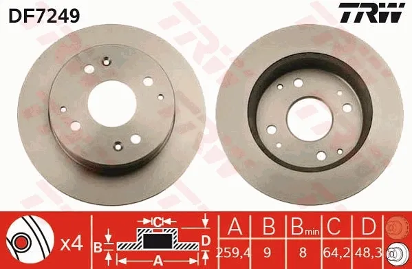 Disco de freno trasero DF7249 TRW