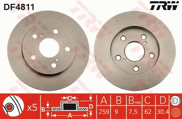 Disco de freno trasero DF4811 TRW