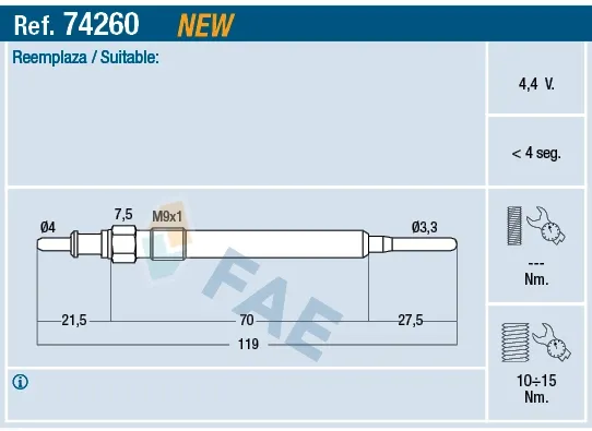 Bujía de precalentamiento 74260 FAE