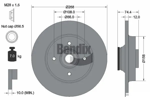 Disco de freno trasero BDS1058 Jurid/Bendix