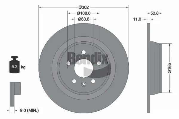 Disco de freno trasero BDS1080 Jurid/Bendix