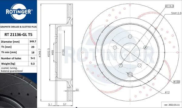 Disco de freno trasero RT21136GLT5 Rotinger