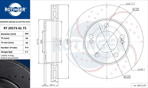 Kit Dischi Freno Anteriori ROTINGER RT 20032-GL T5 – 2 Pezzi, Diametro 288mm, Forati E Scanalati, Rivestimento Anticorrosione Graphite Line