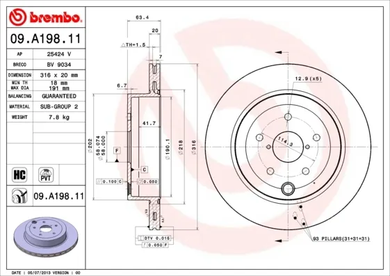 Disco de freno trasero 09A19811 Brembo