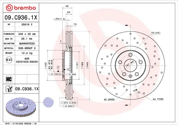 Disco de freno 09C9361X Brembo