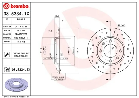 Disco de freno trasero 0853341X Brembo