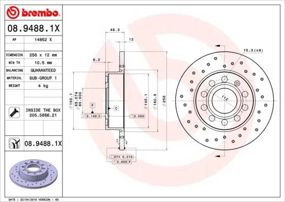 Disco de freno trasero 0894881X Brembo
