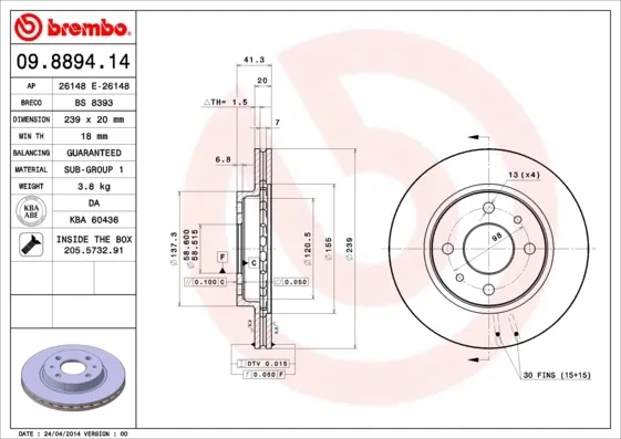 Disco de freno 09889414 Brembo