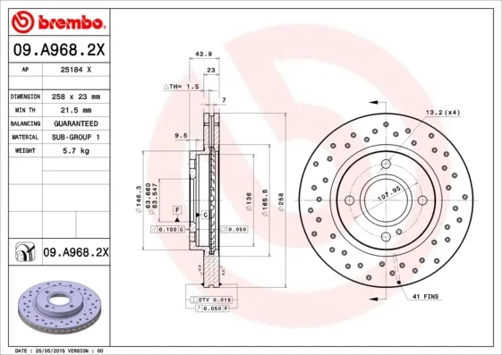 Disco de freno 09A9682X Brembo