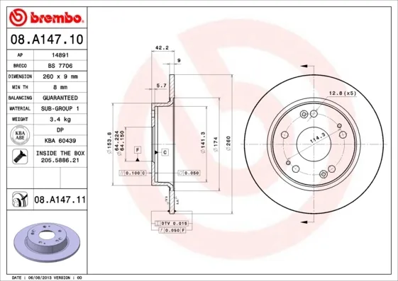 Disco de freno trasero 08A14710 Brembo