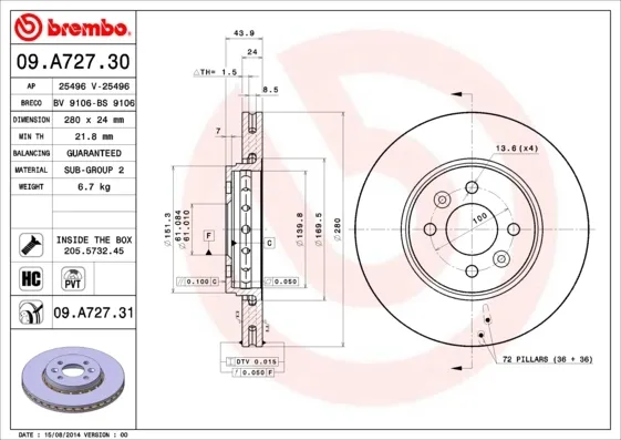 Disco de freno 09A72730 Brembo