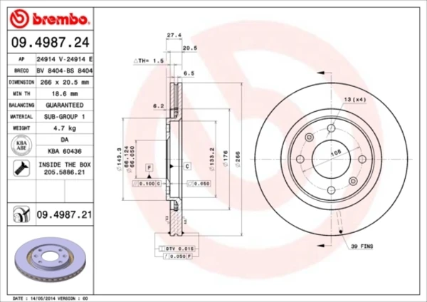 09.4987.21 Brembo freno de disco delantero