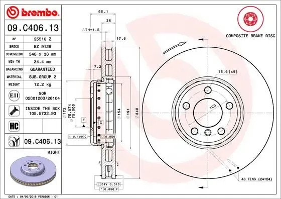 Disco de freno 09C40613 Brembo