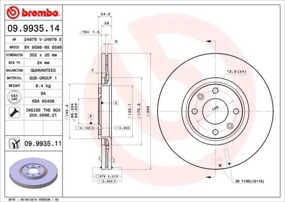 Brembo Disques De Frein Avant 302 Mm UV Coat – Paire 09.9935.11 Anti-Corrosion Haute Performance