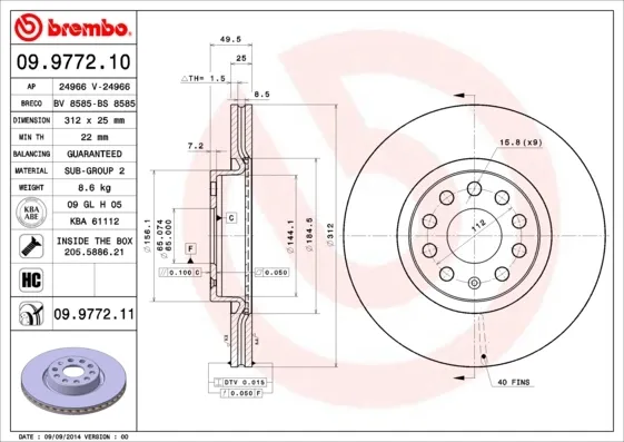 Disco de freno 09977211 Brembo