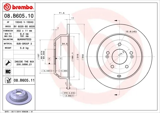 Disco de freno trasero 08B60510 Brembo