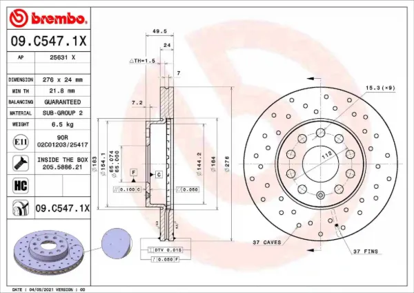 2x Brembo Dischi Freno Anteriori 09.C547.11 – Per Golf VI, VII E Altri Modelli VW, Audi, Seat, Skoda – Qualità OE