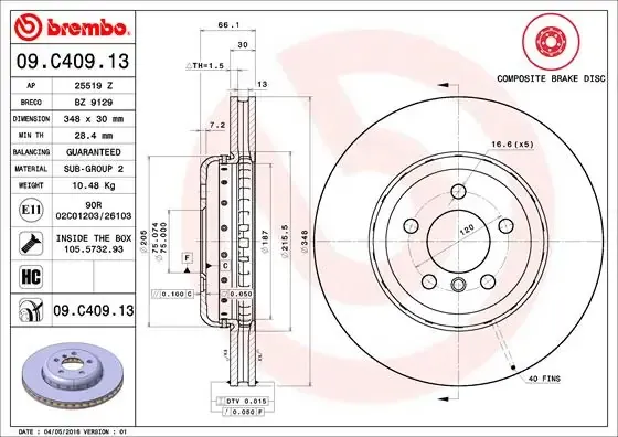Disco de freno 09C40913 Brembo