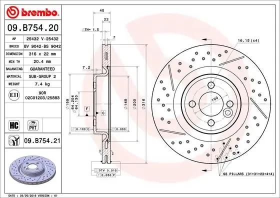 Disco de freno 09B75421 Brembo
