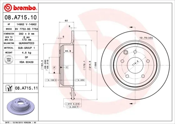 Disco de freno trasero 08A71511 Brembo