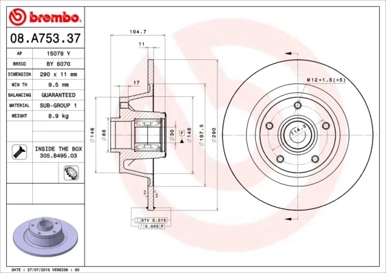 Disco de freno trasero 08A75337 Brembo