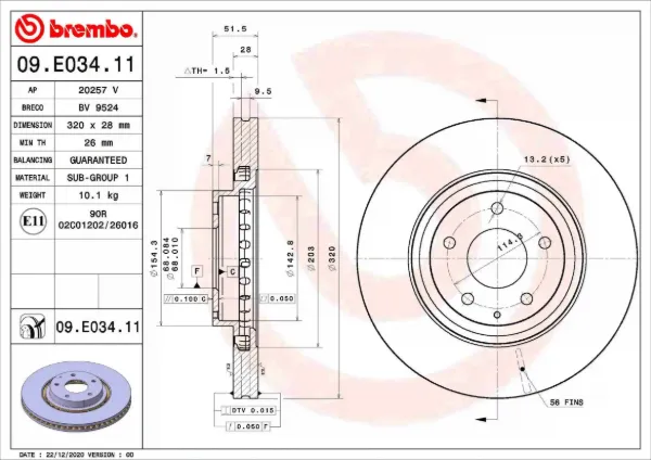 Disco de freno 09E03411 Brembo