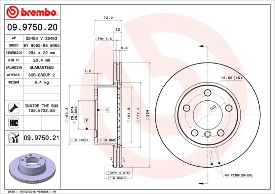 Disco de freno 09975021 Brembo