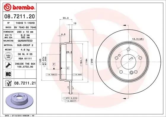 Disco de freno trasero 08721120 Brembo