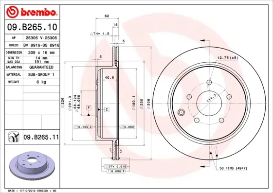 Disco de freno trasero 09B26511 Brembo