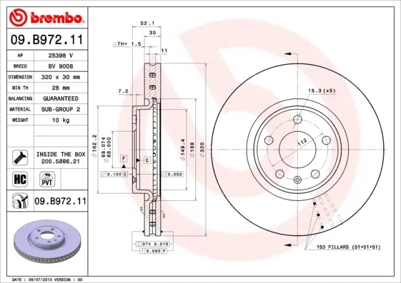 Disco de freno 09B97211 Brembo
