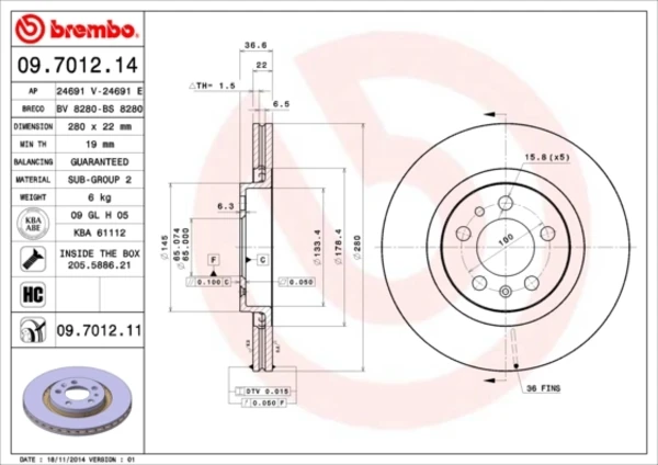 09.7012.14 Brembo freno de disco delantero