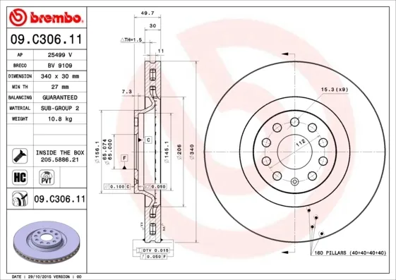 Disco de freno 09C30611 Brembo