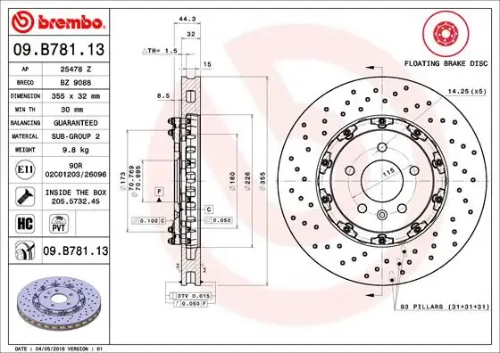 Disco de freno 09B78113 Brembo