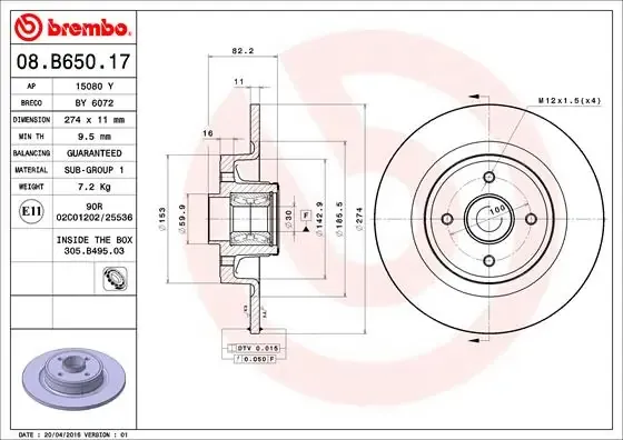 Disco de freno trasero 08B65017 Brembo