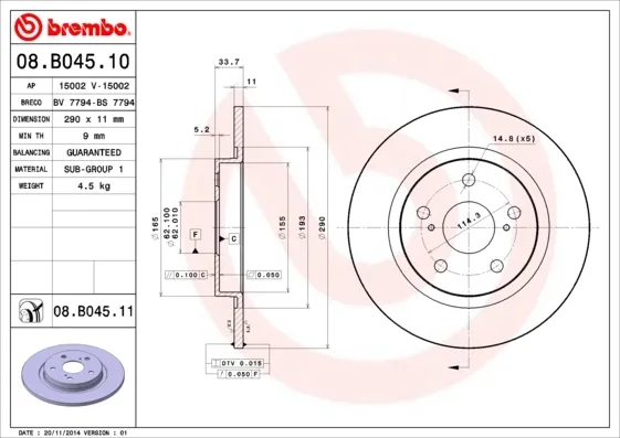 Disco de freno trasero 08B04510 Brembo