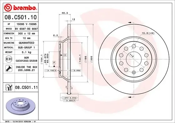Disco de freno trasero 08C50111 Brembo