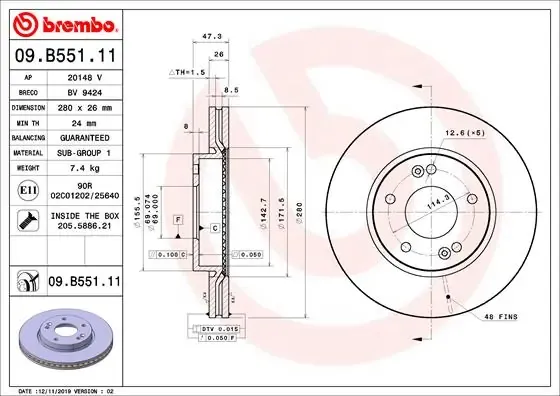 Disco de freno 09B55111 Brembo