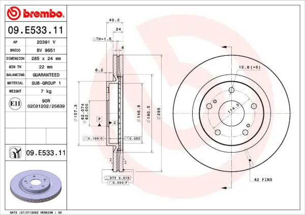 Disco de freno 09E53311 Brembo