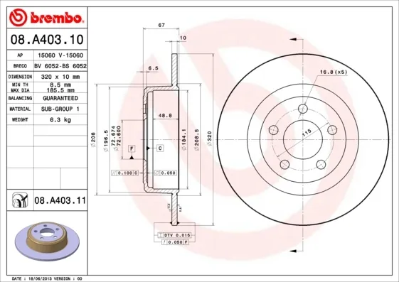 Disco de freno 08A40311 Brembo