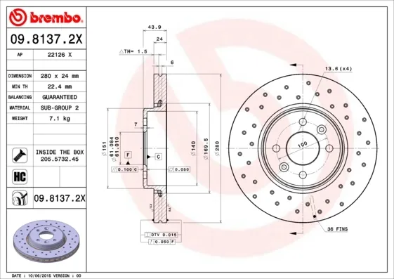 Disco de freno 0981372X Brembo