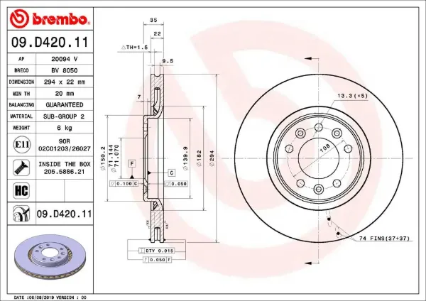 Disco de freno trasero 09D42011 Brembo