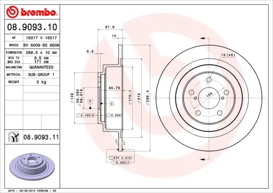 Disco de freno trasero 08909310 Brembo