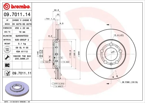 Disco de freno 09701111 Brembo