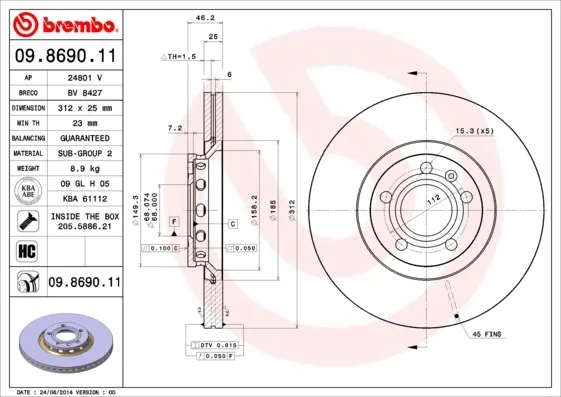 Disco de freno 09869011 Brembo