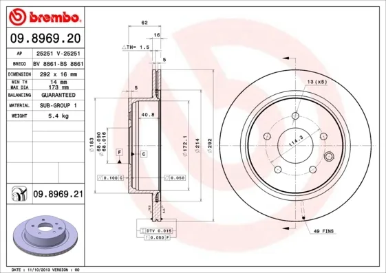 Disco de freno trasero 09896921 Brembo