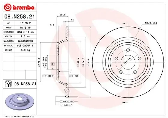 Disco de freno trasero 08N25821 Brembo
