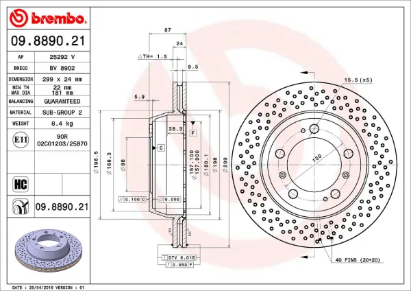 Disco de freno trasero 09889021 Brembo