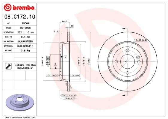 Disco de freno trasero 08C17210 Brembo
