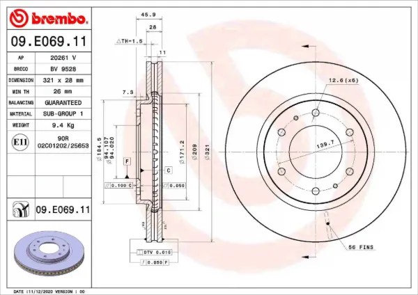 Disco de freno 09E06911 Brembo